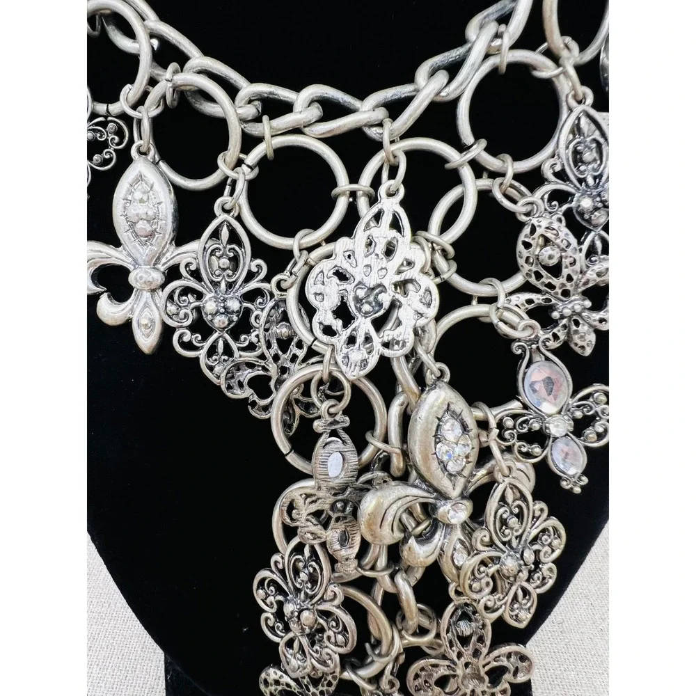 Unica Silver Tone Fleur De Lis Crystal Statement Bib Necklace Gothic Filigree